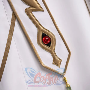 Anime Lelouch cosplay trim detail frames a red jewel in gold beside hanging gold and green bead tassels.
