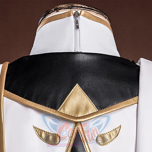 Anime Lelouch cosplay back view balances a black yoke and gold trim over white fabric with claw-shaped appliques.