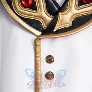 Anime Lelouch cosplay collar detail layers black and gold trim beside a red gemstone accent on white fabric.