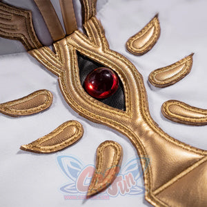 Anime Lelouch cosplay chest emblem centers a red gem within a raised gold motif on a white fabric ground.