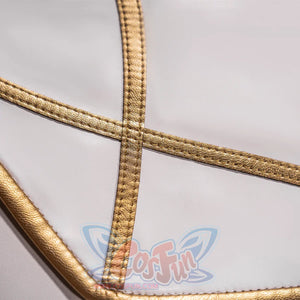Anime Lelouch cosplay fabric edge anchors intersecting white faux leather strips beside metallic gold trim stitching.