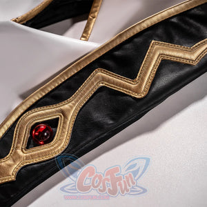 Anime Lelouch cosplay trim piece centers a red gem against black faux leather carrying a geometric gold pattern.