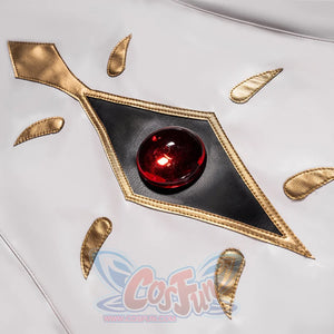 Anime Lelouch cosplay panel centers a red gem on a black diamond applique framed by six gold teardrop motifs.