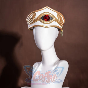 Anime Lelouch cosplay crown layers gold trim and eye embroidery around a red center gem beside a green faceted drop.