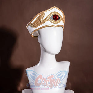 Anime Lelouch cosplay tiara centers a large red gem within decorative gold trim patterns on a white base.