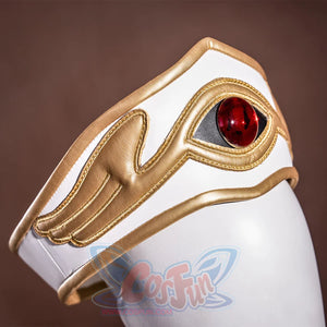 Anime Lelouch cosplay headband anchors a gold eye motif and red jewel along gold-piped white fabric.