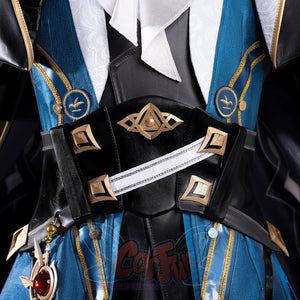 Honkai: Star Rail Anaxagoras Anaxa cosplay belt anchors sculpted gold accents above blue panels embroidered with bird icons.