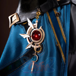 Honkai: Star Rail Anaxagoras Anaxa cosplay tunic centers a diamond emblem over a black leather overlay.