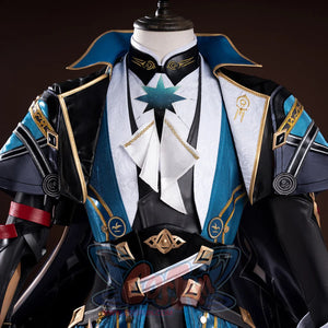 Honkai: Star Rail Anaxagoras Anaxa cosplay jacket sets a star-ornament cravat above a patterned belt paired with detailed.