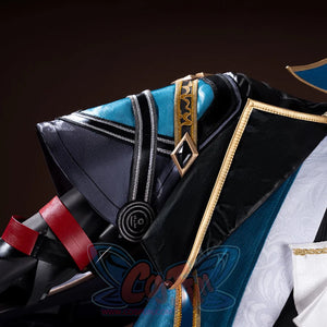 Honkai: Star Rail Anaxagoras Anaxa cosplay shoulder piece layers red and turquoise panels around a silver medallion.
