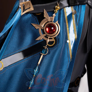 Honkai: Star Rail Anaxagoras Anaxa cosplay costume centers a red gem pendant drop beside gold accessories on a layered belt.