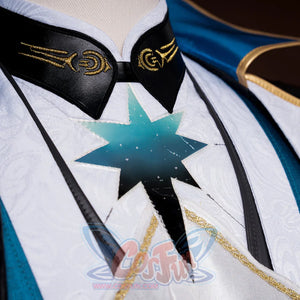 Honkai: Star Rail Anaxagoras Anaxa cosplay collar piece centers a turquoise eight-pointed star patch above gold crescent.