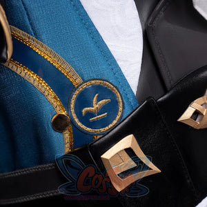 Honkai: Star Rail Anaxagoras Anaxa cosplay vest layers an embroidered patch over white fabric anchored by a gold buckle belt.