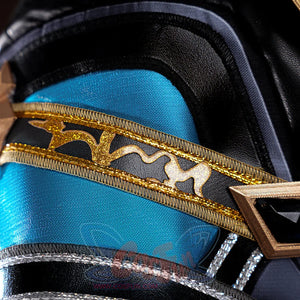 Honkai: Star Rail Anaxagoras Anaxa cosplay panel layers blue over black trimmed in gold sequined braid and patterned edging.