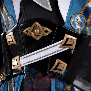 Honkai: Star Rail Anaxagoras Anaxa cosplay corset vest anchors gold badges over a blue patterned overlay and straps.