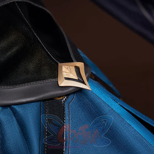 Honkai: Star Rail Anaxagoras Anaxa cosplay collar frames a large geometric gold brooch against a textured blue tunic detail.