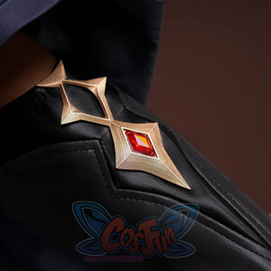 Honkai: Star Rail Anaxagoras Anaxa cosplay glove sets gold plates inset with a red gem across stitched faux leather paneling.