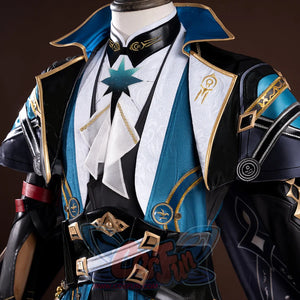 Honkai: Star Rail Anaxagoras Anaxa cosplay jacket pairs a white starburst necktie above black armor pieces anchored by a.