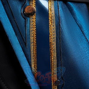 Honkai: Star Rail Anaxagoras Anaxa cosplay garment traces vertical gold metallic braid trim over woven blue fabric.