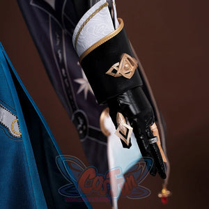 Honkai: Star Rail Anaxagoras Anaxa cosplay glove layers gold armor plates over black faux leather beside a teal capelet edge.