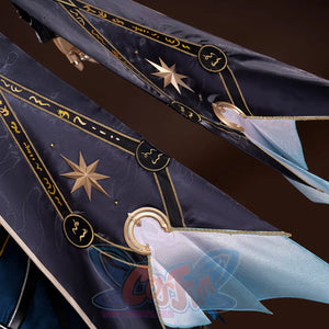 Honkai: Star Rail Anaxagoras Anaxa cosplay sleeve cuff traces gold geometric embroidery above an blue fabric tail trim.