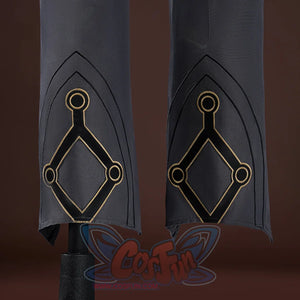Honkai: Star Rail Anaxagoras Anaxa cosplay pants drop grey fabric above cuffs traced in elaborate gold geometric embroidery.