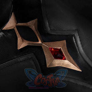 Honkai: Star Rail Anaxagoras Anaxa cosplay accent clusters three interlocking bronze diamond points around a red gem inset.