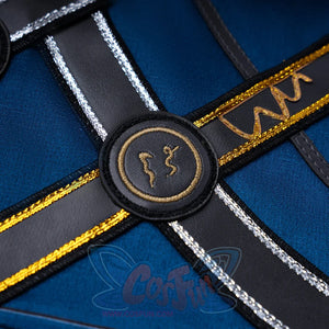 Honkai: Star Rail Anaxagoras Anaxa cosplay emblem centers gold symbols in a circular frame above cross straps edged in gold.