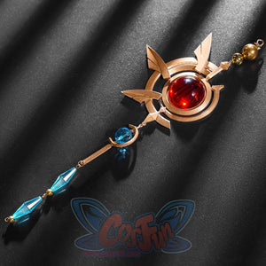 Honkai: Star Rail Anaxagoras Anaxa cosplay pendant drops a red gem winged star from a bronze chain anchored by two blue bead.