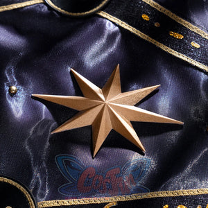 Honkai: Star Rail Anaxagoras Anaxa cosplay star emblem raises eight gold points over blue satin fabric edged in black and.