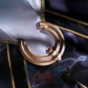 Honkai: Star Rail Anaxagoras Anaxa cosplay cape buckle anchors a textured gold clasp at the opening of a navy cape lined in.