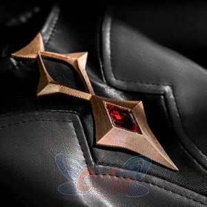 Honkai: Star Rail Anaxagoras Anaxa cosplay brooch centers a gold pointed rhombus around a red gem inset on a black jacket.