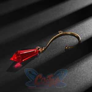 Honkai: Star Rail Anaxagoras Anaxa cosplay earring pairs a gold ear cuff above a dangling faceted red gem drop.