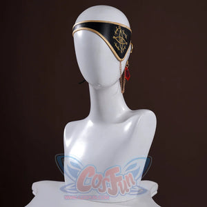 Honkai: Star Rail Anaxagoras Anaxa cosplay eye mask frames gold trim stitching in a detailed costume view.