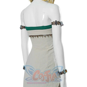 The Legend of Zelda Tears of the Kingdom Princess Zelda cosplay beige green dress balances patterned arm cuffs at sides.