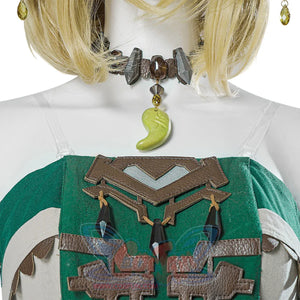 The Legend of Zelda Tears of the Kingdom Princess Zelda cosplay top layers leather applique beside faceted black drop gems.