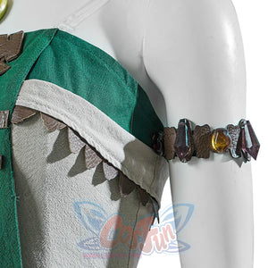 The Legend of Zelda Tears of the Kingdom Princess Zelda cosplay layered top traces jagged brown hem.