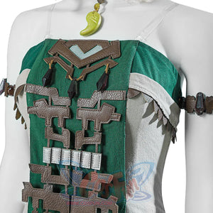 The Legend of Zelda Tears of the Kingdom Princess Zelda cosplay green top traces silver bar beads beside black hanging gems.