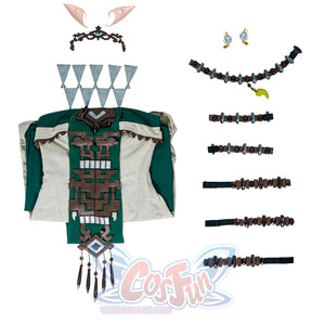 The Legend of Zelda Tears of the Kingdom Princess Zelda cosplay top pairs faux elf ears beside circlet and six beaded straps.