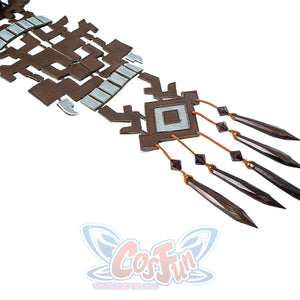 The Legend of Zelda Tears of the Kingdom Princess Zelda cosplay sash traces brown pattern beside hanging pointed bead cords.
