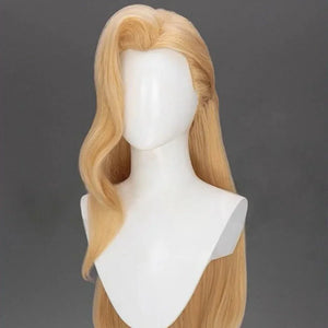 Front view of blonde cosplay wig styled for Dagger from Game Rivals