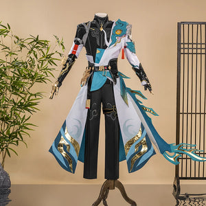 Dan Heng Permansor Terrae Cosplay Costume, black, white and teal outfit, front view.