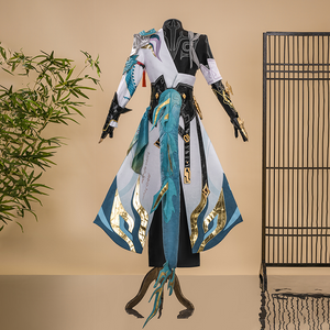 Dan Heng Cosplay Costume, black, white, gold and teal outfit, back view.