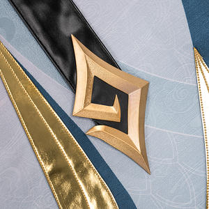 Dan Heng Permansor Terrae Cosplay Costume, a sharp gold ornament adorns the end of the leather ribbon.