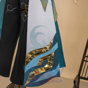 Dan Heng Permansor Terrae Cosplay Costume Hem, decorated with golden flame-like patterns and subtle cloud motifs.