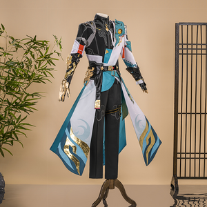 Dan Heng Permansor Terrae Cosplay Costume, black, white and teal outfit with gold decoration.