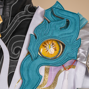 Dan Heng Permansor Terrae Cosplay Costume, a teal flame-like patterns decorated with gold eye on left shoulder.