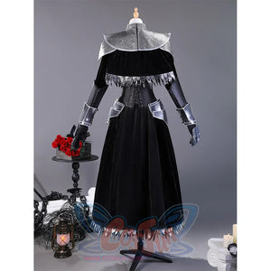 Back view of Yuria cosplay costume showing collar, corset lacing, and armor sleeve details