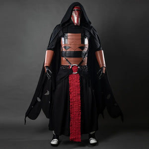 This picture presents the full front view of a mannequin dressed in a detailed Darth Revan cosplay costume, including a black cloak, a brown and black armored chest piece, and a red sash.