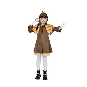 Display of the Detective Peach costume in an action pose, showcasing the brown coat, checkered cape, and magnifying glass.
